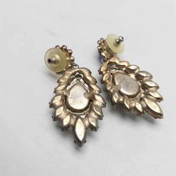 Vintage 1980s Blue Clear Rhinestone Bling Drop Earrings Silver Tone Backing - Picture 4 of 5